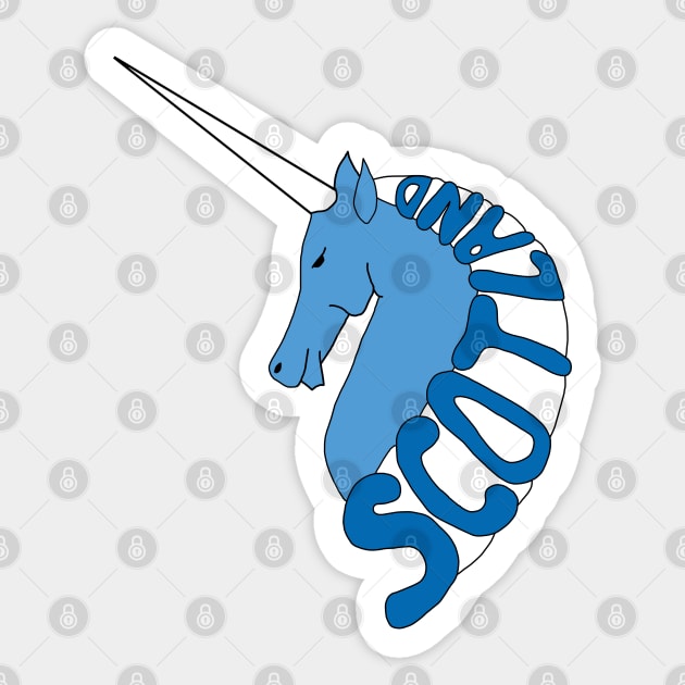 BLUE AND WHITE SCOTTISH UNICORN WITH SCOTLAND TEXT MANE Sticker by MacPean